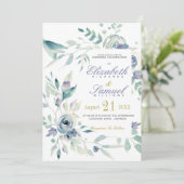 Dusty Blue Botanic Waterverf Elegant Wedding Kaart (Staand voorkant)