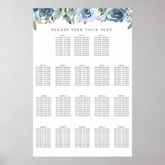 Dusty Blue Botanical 18 Table Seating Chart Poster (Voorkant)