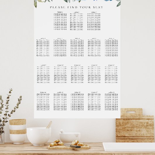 Dusty Blue Botanical 18 Table Seating Chart Poster (Keuken)