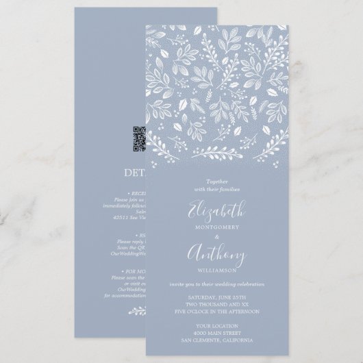 Dusty Blue Botanical, allemaal in één bruiloft Kaart (Voorkant / Achterkant)