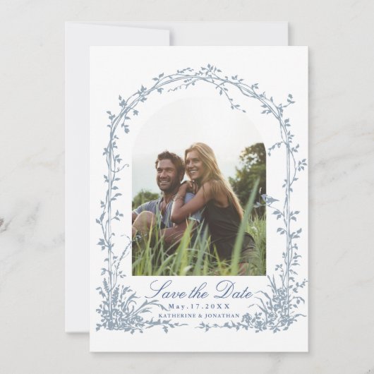 Dusty Blue Botanical Arch Garden Wedding Photo Save The Date (Voorkant)