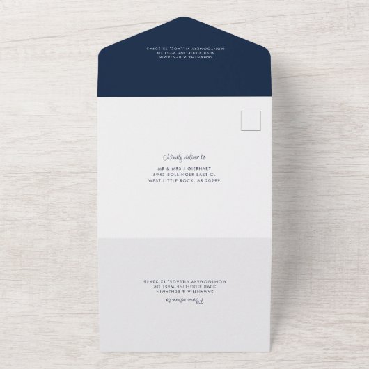 Dusty Blue Botanical Bloom Script Bruiloft All In One Uitnodiging (Buitenkant)