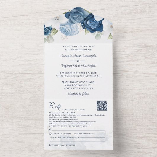 Dusty Blue Botanical Bloom Script Bruiloft All In One Uitnodiging (Binnen)