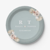 Dusty Blue Botanical Boho Elegant Wedding Monogram Papieren Bordje (Voorkant)