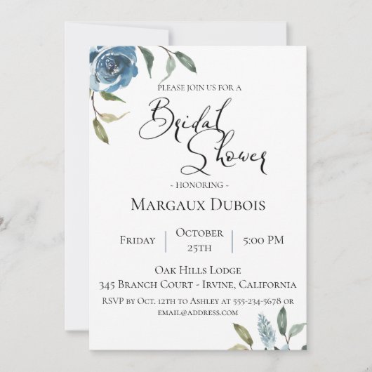 Dusty Blue Botanical Bridal Shower Uitnodiging (Voorkant)