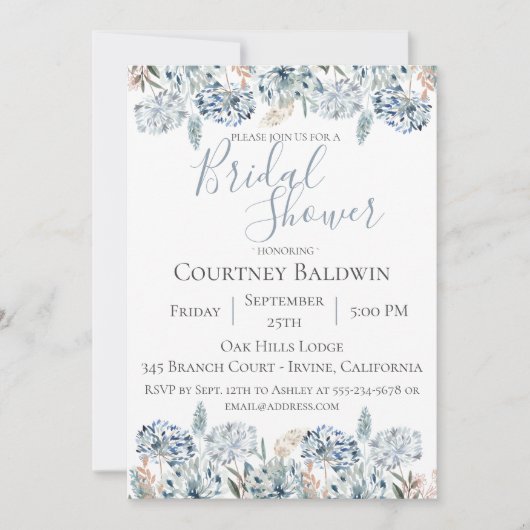 Dusty Blue Botanical Bridal Shower Uitnodiging (Voorkant)