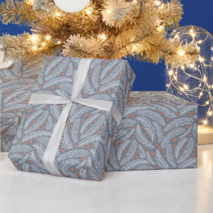 Dusty Blue Botanical Christmas Pine Tree Leaf Cadeaupapier
