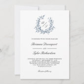 Dusty Blue Botanical Crest Monogram Bruiloft Kaart (Voorkant)