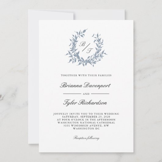 Dusty Blue Botanical Crest Monogram Bruiloft Kaart (Voorkant)