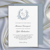 Dusty Blue Botanical Crest Monogram Bruiloft Kaart