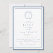 Dusty blue botanical crest monogram wedding kaart (Voorkant)