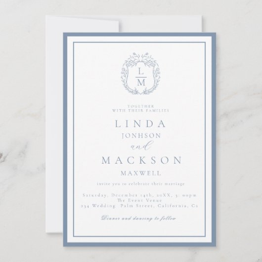 Dusty blue botanical crest monogram wedding kaart (Voorkant)