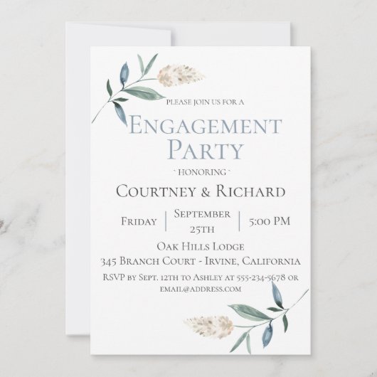 Dusty Blue Botanical Engagement Party uitnodiging (Voorkant)