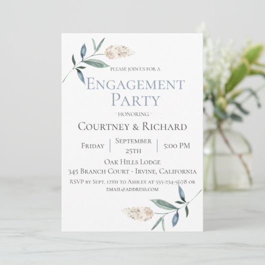 Dusty Blue Botanical Engagement Party uitnodiging (Staand voorkant)