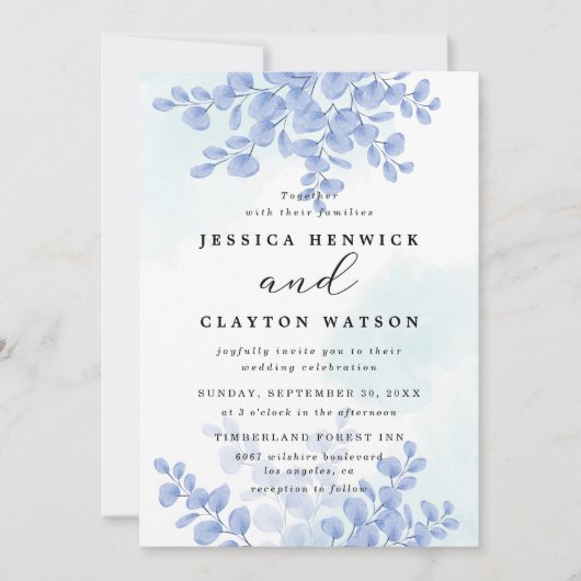 Dusty Blue Botanical Eucalyptus Leaves Wedding Kaart (Voorkant)