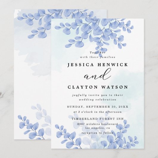 Dusty Blue Botanical Eucalyptus Leaves Wedding Kaart (Voorkant / Achterkant)