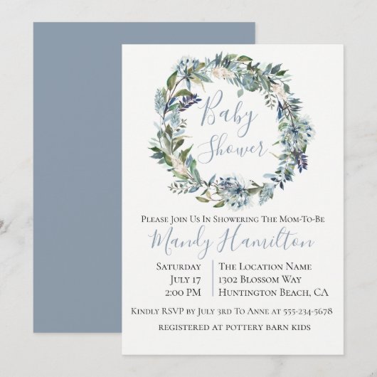 Dusty Blue Botanical Floral Baby shower Invitation Kaart (Voorkant / Achterkant)