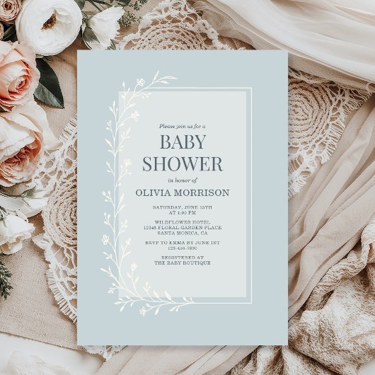 Dusty Blue Botanical Floral Baby Shower Kaart