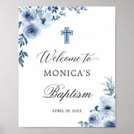 Dusty Blue Botanical Floral Baptism Welcome Sign Poster