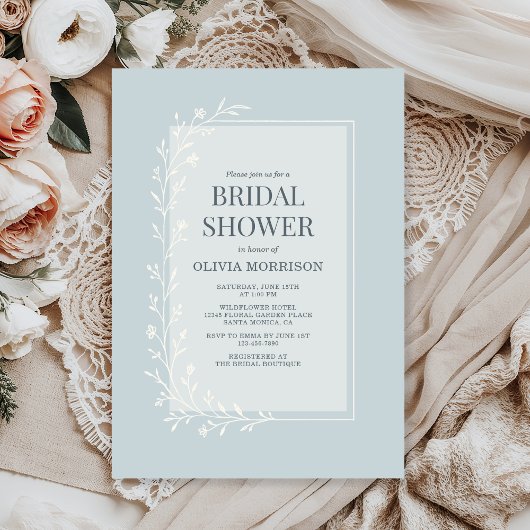 Dusty Blue Botanical Floral Bridal Shower Kaart