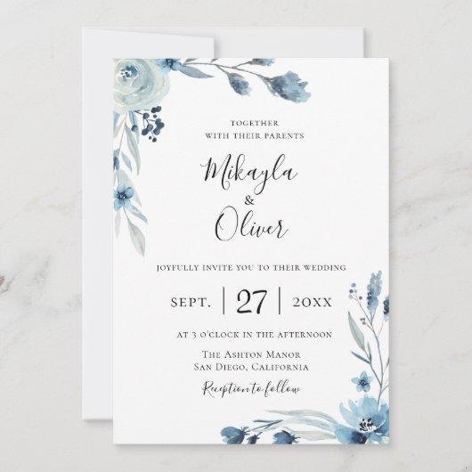 Dusty Blue Botanical Floral bruiloft uitnodiging (Voorkant)