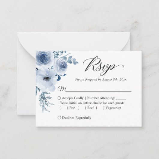 Dusty Blue Botanical Floral Budget Kleine RSVP-kaa Notitiekaartje (Voorkant)