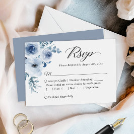 Dusty Blue Botanical Floral Budget Kleine RSVP-kaa Notitiekaartje