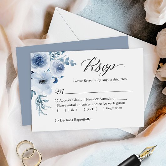 Dusty Blue Botanical Floral Budget Kleine RSVP-kaa Notitiekaartje