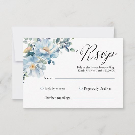 Dusty Blue Botanical Floral RSVP kaart (Voorkant)