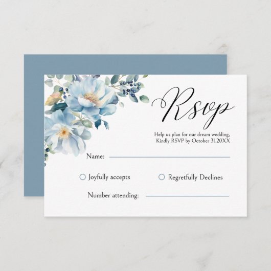 Dusty Blue Botanical Floral RSVP kaart (Voorkant / Achterkant)