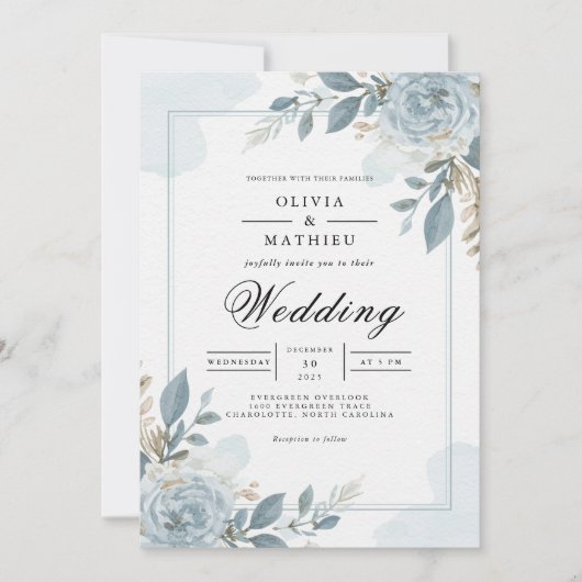 Dusty Blue Botanical Floral Wedding Kaart (Voorkant)