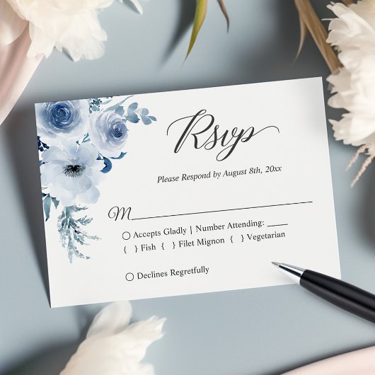 Dusty Blue Botanical Floral Wedding RSVP Kaartje