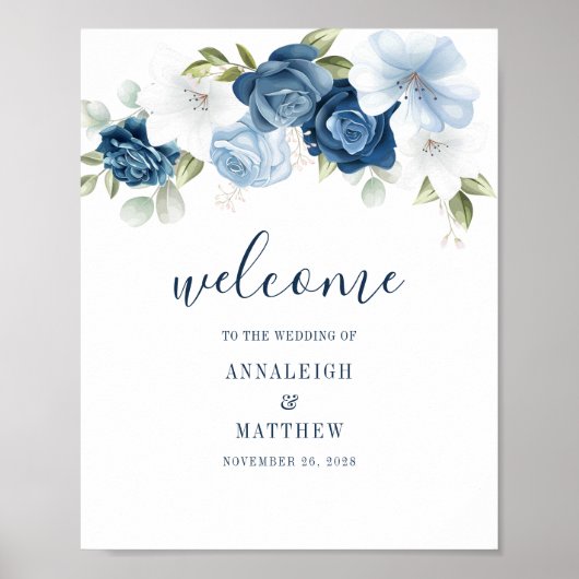 Dusty Blue Botanical Floral Wedding Welcome Poster (Voorkant)
