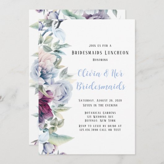 Dusty Blue Botanical Florals Bridesmaids Luncheon Kaart (Voorkant / Achterkant)