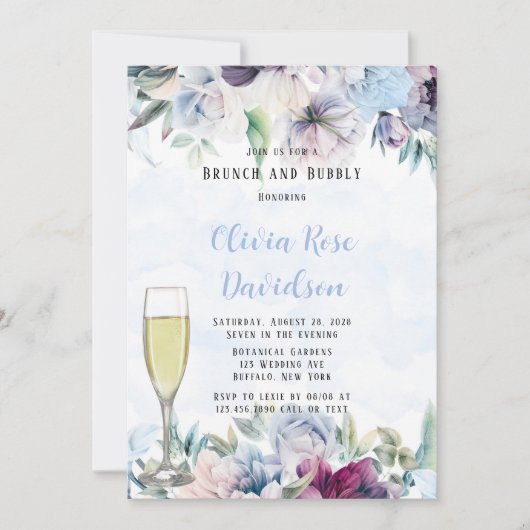 Dusty Blue Botanical Florals Brunch en Bubble Kaart (Voorkant)
