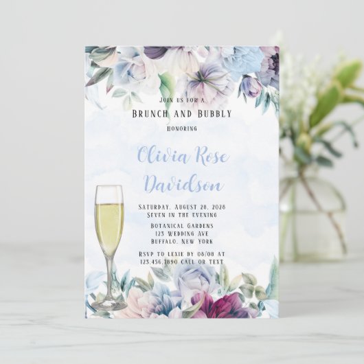 Dusty Blue Botanical Florals Brunch en Bubble Kaart (Staand voorkant)