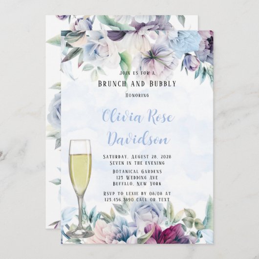 Dusty Blue Botanical Florals Brunch en Bubble Kaart (Voorkant / Achterkant)