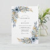 Dusty Blue Botanical Flourish Wedding Kaart (Staand voorkant)