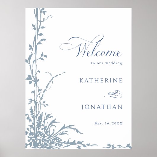 Dusty Blue Botanical Garden Wedding Welcome Poster (Voorkant)