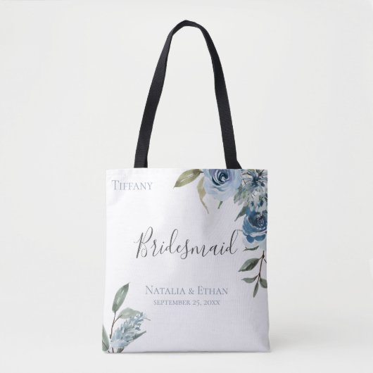 Dusty Blue Botanical Gepersonaliseerde bruidsmeisj Tote Bag (Voorkant)