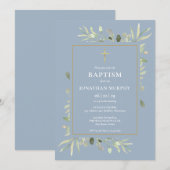 Dusty Blue Botanical Greenery Boy Baptisme Kaart (Voorkant / Achterkant)