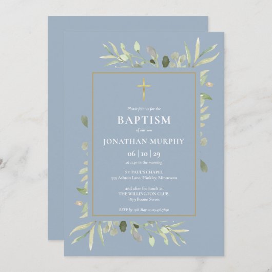 Dusty Blue Botanical Greenery Boy Baptisme Kaart (Voorkant / Achterkant)