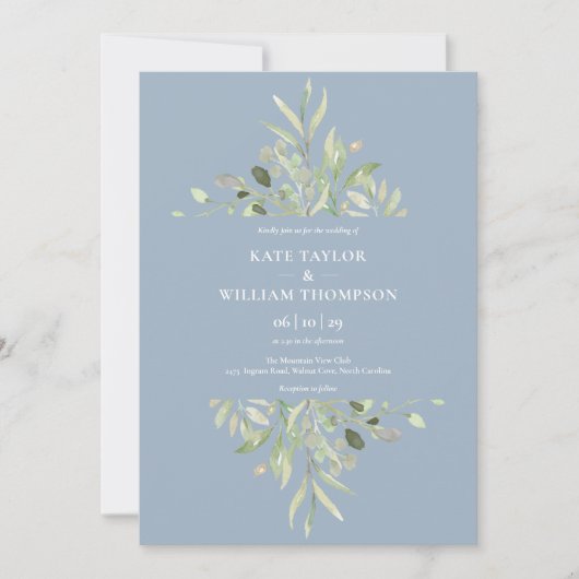 Dusty Blue Botanical Greenery Foto Wedding Invita Kaart (Voorkant)