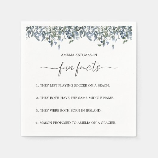 Dusty Blue Botanical Greenery Fun Facts Wedding Servet (Voorkant)