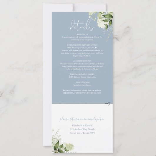 Dusty Blue Botanical Greenery in één bruiloft Kaart (Achterkant)