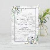 Dusty Blue Botanical Greenery Marble Photo Wedding Kaart (Staand voorkant)