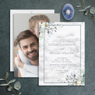 Dusty Blue Botanical Greenery Marble Photo Wedding Kaart