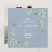 Dusty Blue Botanical Greenery Photo Wedding Kaart (Voorkant / Achterkant)