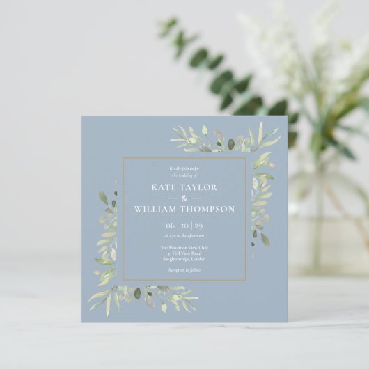 Dusty Blue Botanical Greenery Photo Wedding Kaart (Staand voorkant)