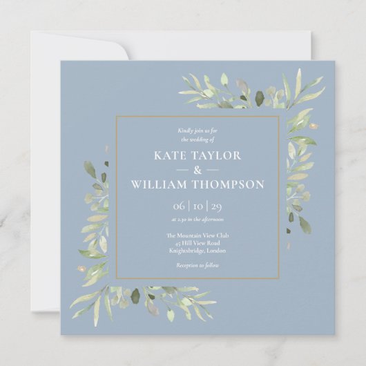 Dusty Blue Botanical Greenery Photo Wedding Kaart (Voorkant)